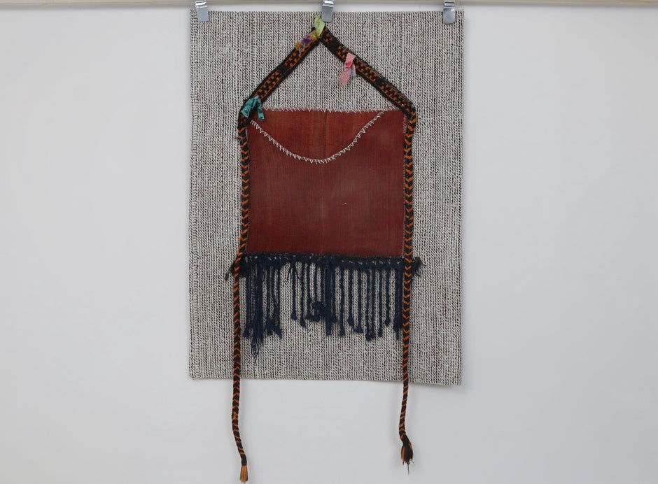 2x3 Vintage Wool Tapestry Rug, Orange and Blue Wall Hanging with Fringe, Handmade Textile Art Decor
