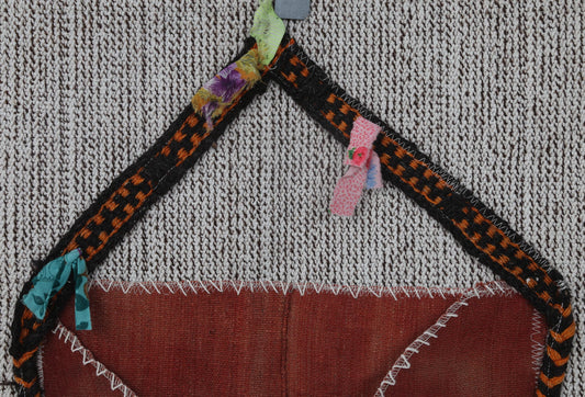 2x3 Vintage Wool Tapestry Rug, Orange and Blue Wall Hanging with Fringe, Handmade Textile Art Decor