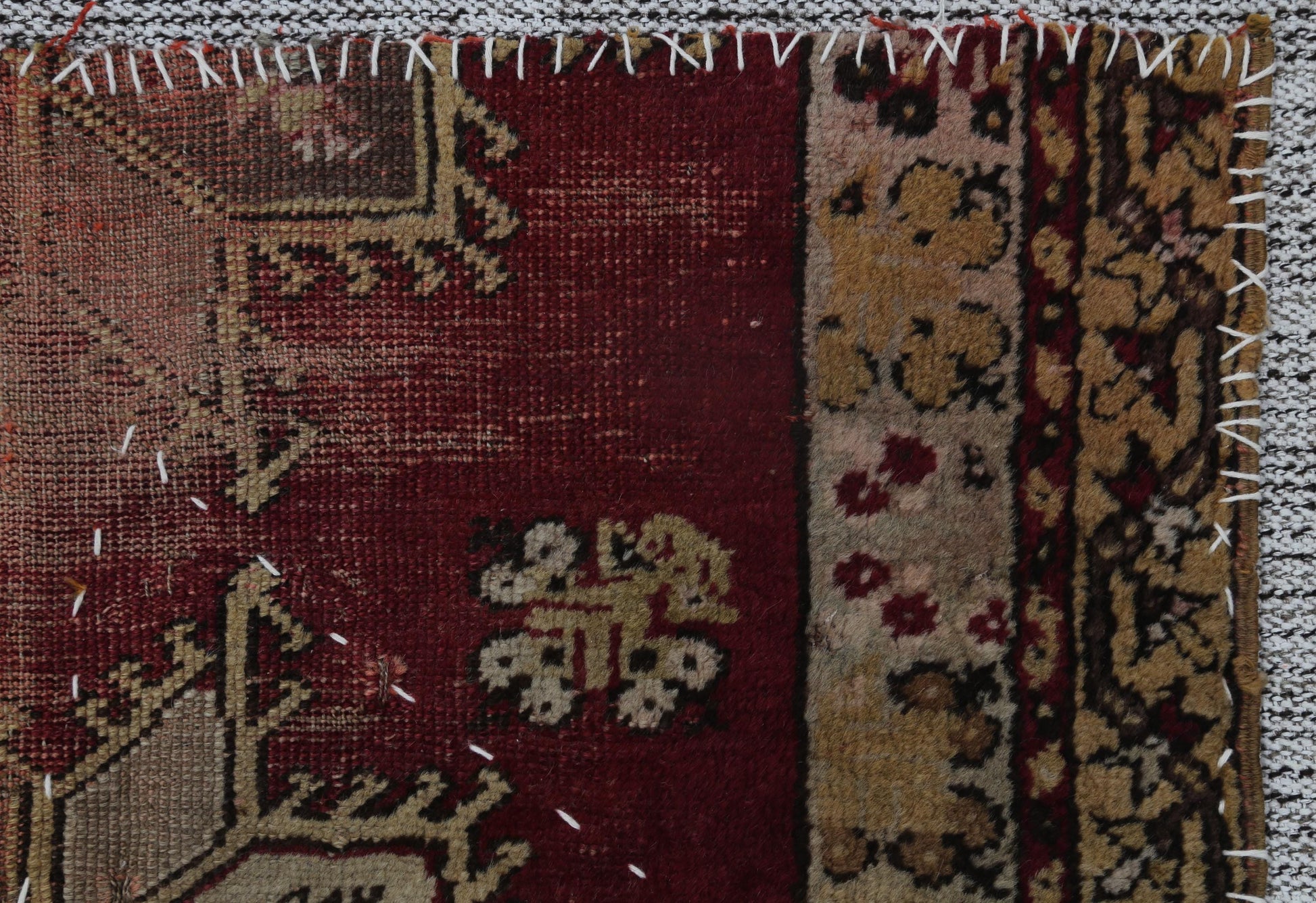 3x4 Vintage Turkish Tapestry Rug, Red and Brown Tribal Wall Hanging, Handmade Wool Cotton Textile Art
