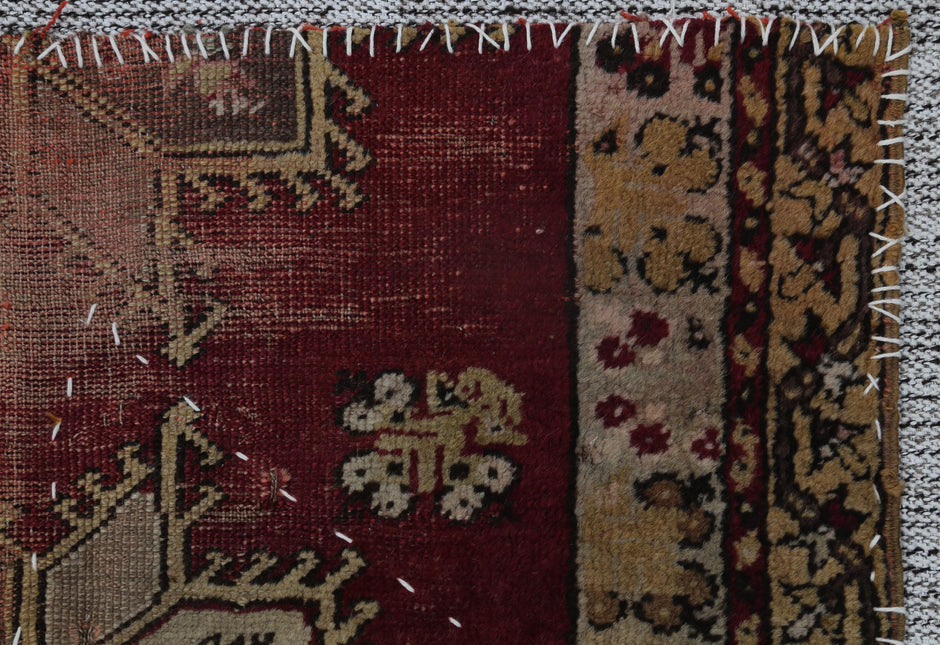 3x4 Vintage Turkish Tapestry Rug, Red and Brown Tribal Wall Hanging, Handmade Wool Cotton Textile Art