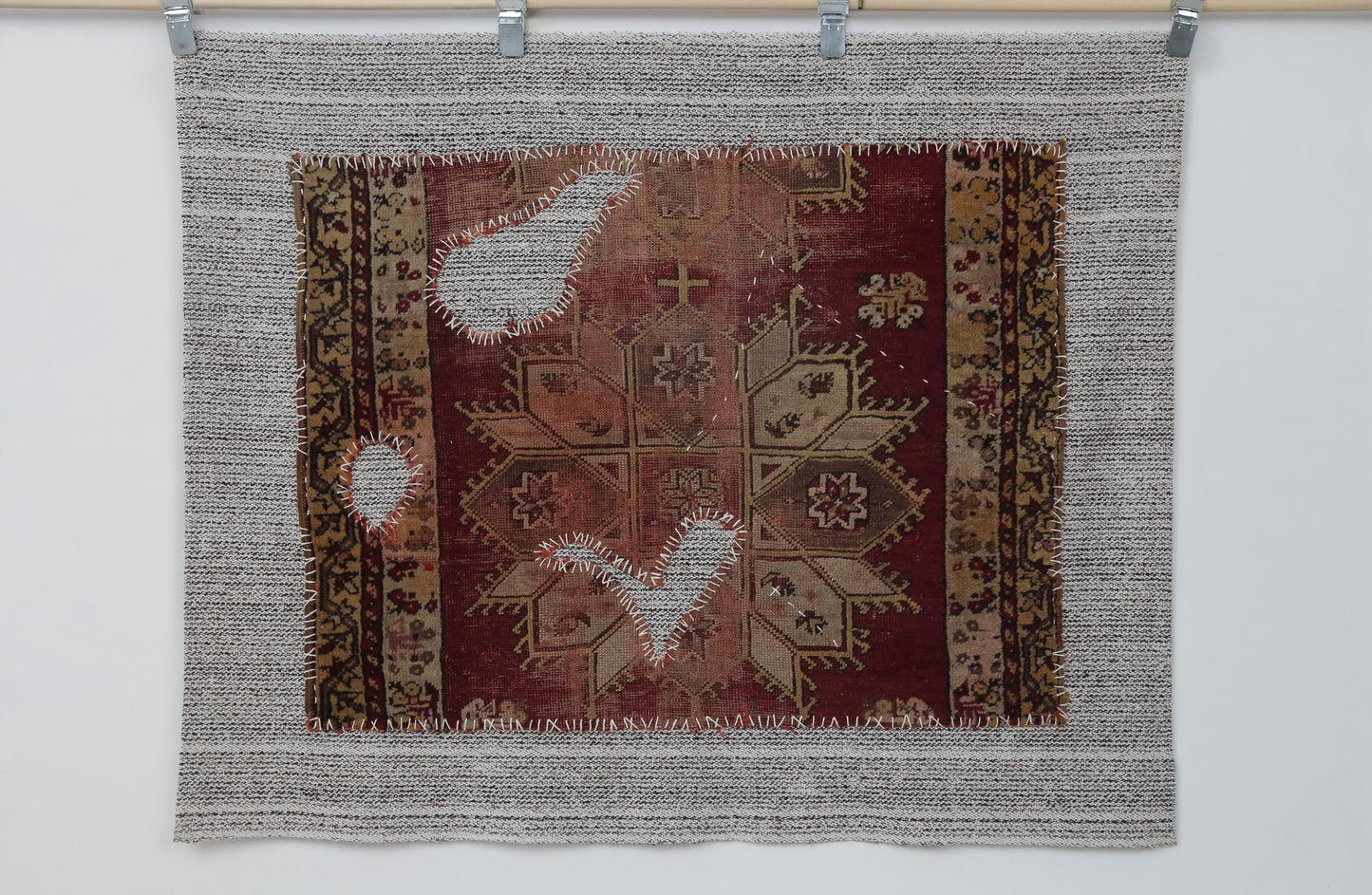 3x4 Vintage Turkish Tapestry Rug, Red and Brown Tribal Wall Hanging, Handmade Wool Cotton Textile Art
