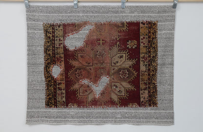 3x4 Vintage Turkish Tapestry Rug, Red and Brown Tribal Wall Hanging, Handmade Wool Cotton Textile Art