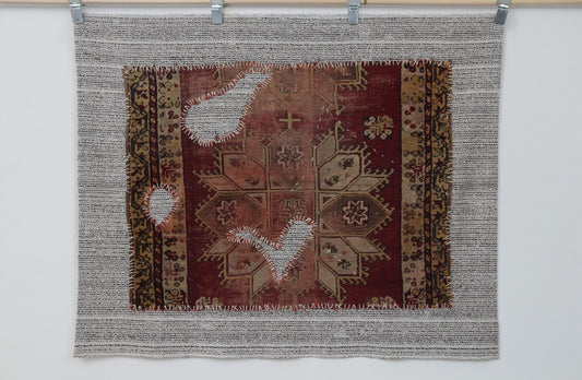 3x4 Vintage Turkish Tapestry Rug, Red and Brown Tribal Wall Hanging, Handmade Wool Cotton Textile Art