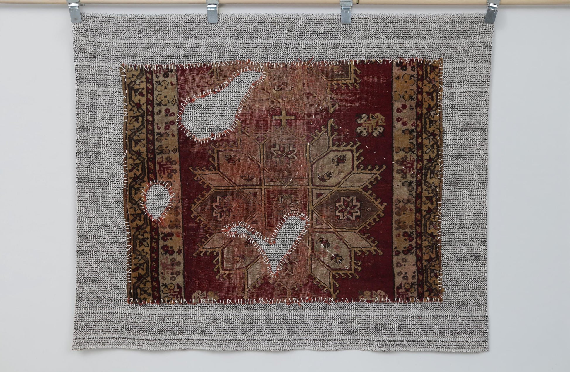 3x4 Vintage Turkish Tapestry Rug, Red and Brown Tribal Wall Hanging, Handmade Wool Cotton Textile Art