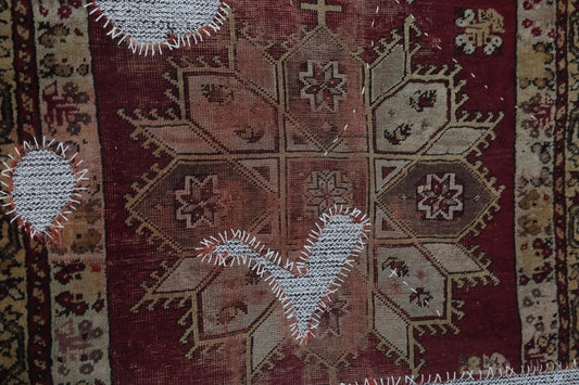 3x4 Vintage Turkish Tapestry Rug, Red and Brown Tribal Wall Hanging, Handmade Wool Cotton Textile Art