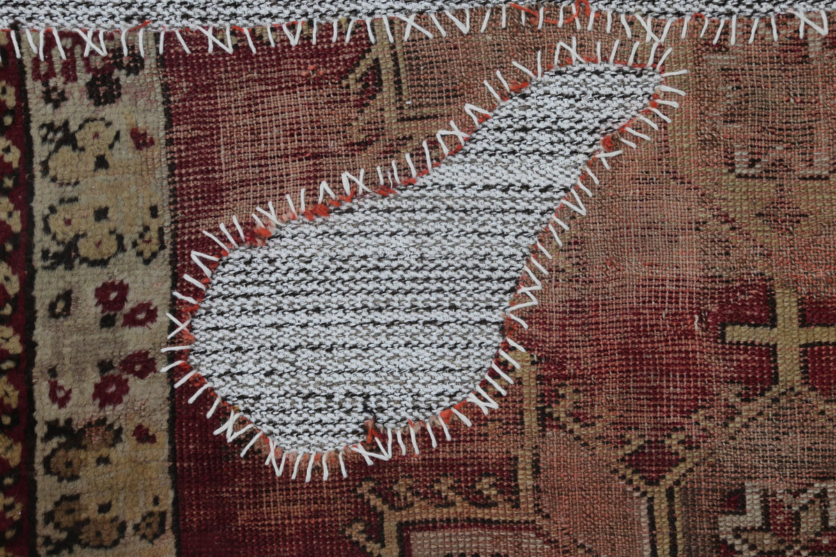 3x4 Vintage Turkish Tapestry Rug, Red and Brown Tribal Wall Hanging, Handmade Wool Cotton Textile Art