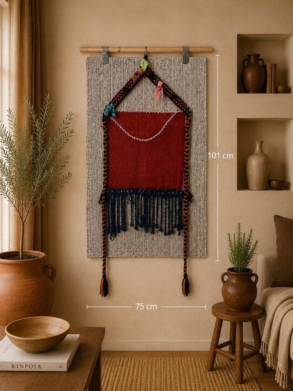 2x3 Vintage Wool Tapestry Rug, Orange and Blue Wall Hanging with Fringe, Handmade Textile Art Decor