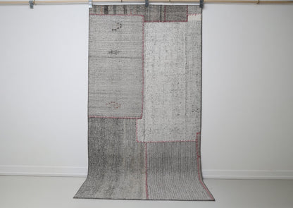 4x7 vintage Turkish flatweave patchwork rug, white black minimal hallway runner