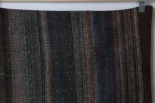 7x8 Vintage Flatweave Striped Rug, Multicolor Handmade Wool Cotton Kilim, Dark Neutral Turkish Area Rug