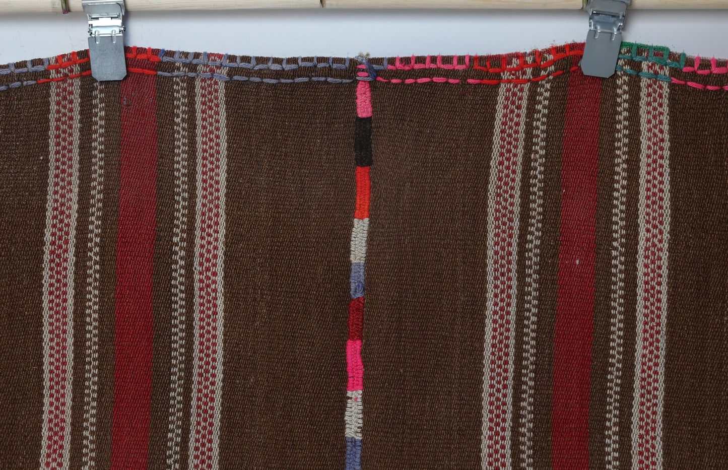 5x7 Vintage Turkish Kilim Rug, Brown Red Striped Wool Rug, Handmade Tribal Flatweave Area Rug
