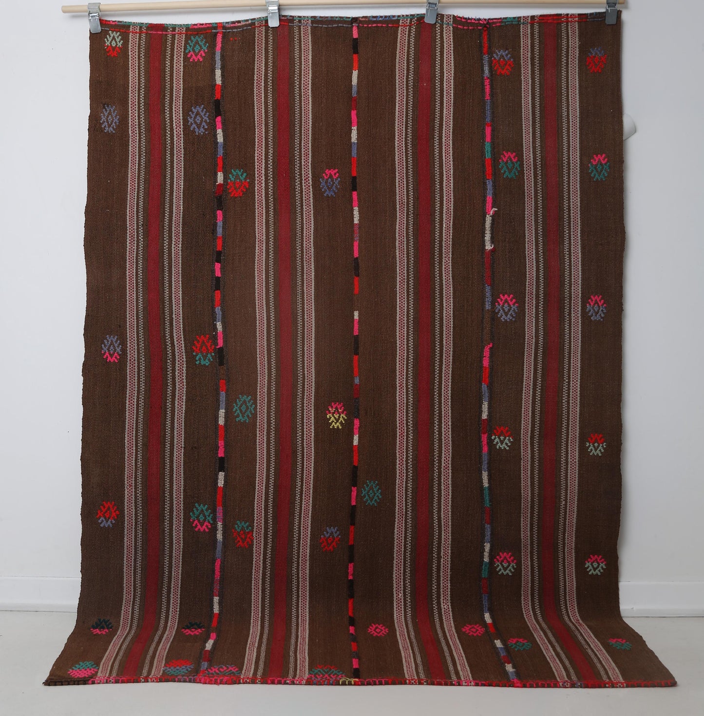 5x7 Vintage Turkish Kilim Rug, Brown Red Striped Wool Rug, Handmade Tribal Flatweave Area Rug