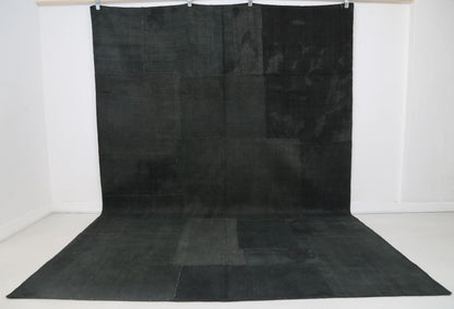 7x10 vintage Turkish hemp patchwork rug, deep green dark area rug