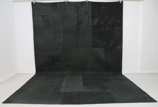 7x10 Vintage Hemp Patchwork Rug, Deep Green Handmade Area Rug, Minimal Dark Turkish Patchwork Carpet