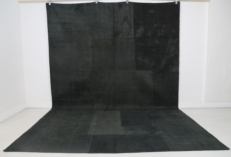 7x10 vintage Turkish hemp patchwork rug, deep green dark area rug