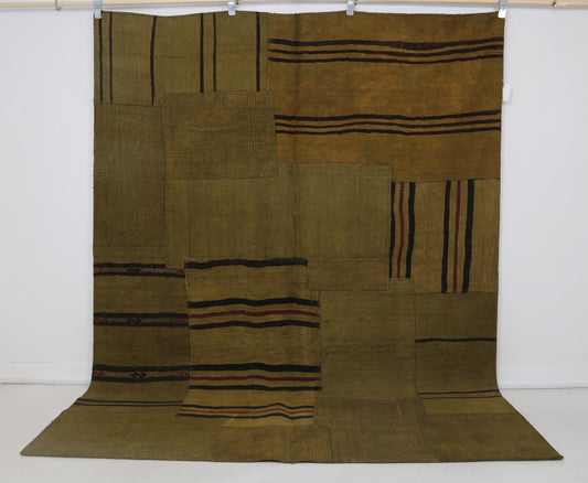 6x8 Vintage Hemp Patchwork Rug, Mustard Handmade Turkish Area Rug, Minimal Rustic Patchwork Carpet