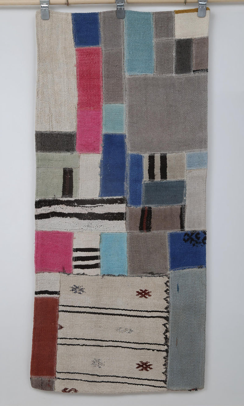 2x5 Vintage Hemp Patchwork Runner Rug, Multicolor Handmade Turkish Runner, Boho Hallway Rug, Geometric Textile Decor