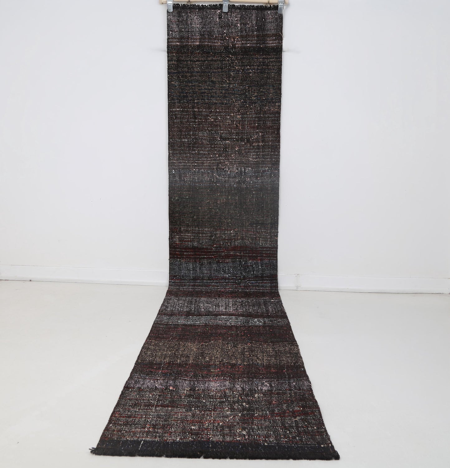 2x12 Vintage Turkish Flatweave Runner Rug, Black Red Striped Hallway Rug, Handmade Wool Cotton Long Runner