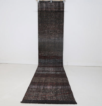 2x12 vintage Turkish flatweave runner rug, black red striped hallway rug