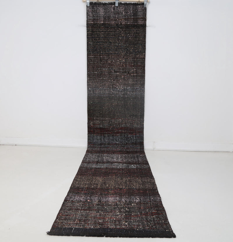 2x12 Vintage Turkish Flatweave Runner Rug, Black Red Striped Hallway Rug, Handmade Wool Cotton Long Runner