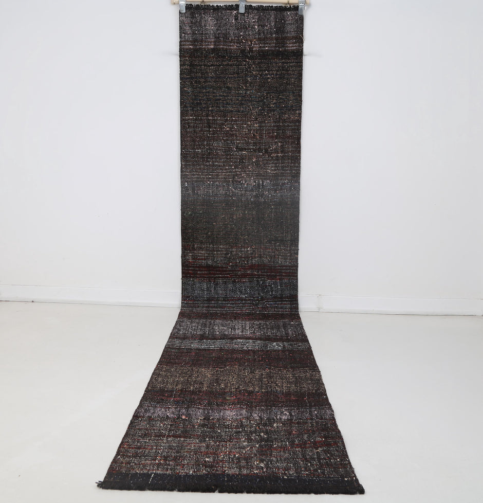 2x12 vintage Turkish flatweave runner rug, black red striped hallway rug