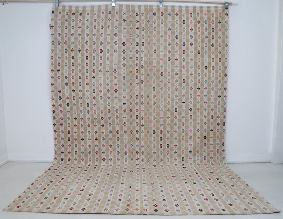 6x9 vintage Turkish kilim rug, beige striped tribal area rug