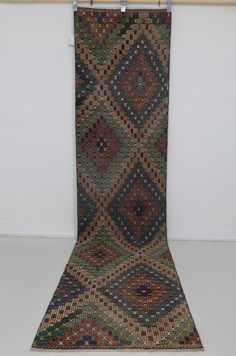 2x10 Vintage Turkish Kilim Runner Rug, Multicolor Oriental Hallway Rug, Handmade Wool Cotton Flatweave