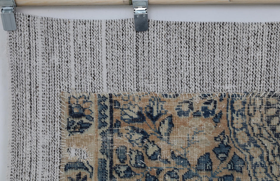 3x4 Vintage Turkish Tapestry Rug, Blue and Beige Floral Wall Hanging, Handmade Wool Cotton Textile Art