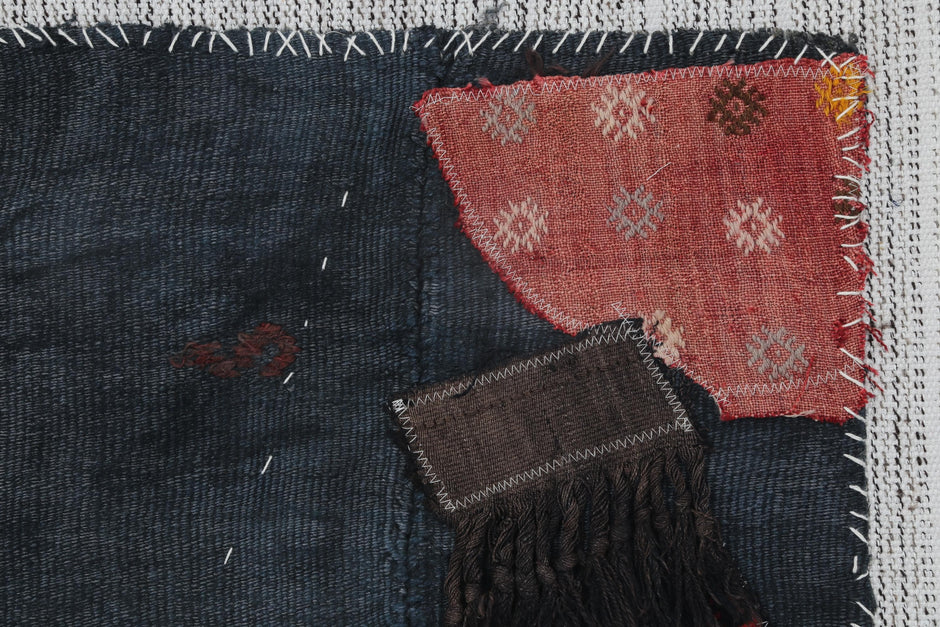 3x4 Vintage Hemp Tapestry Rug, Blue Textile Wall Hanging, Handmade Fiber Art Decor
