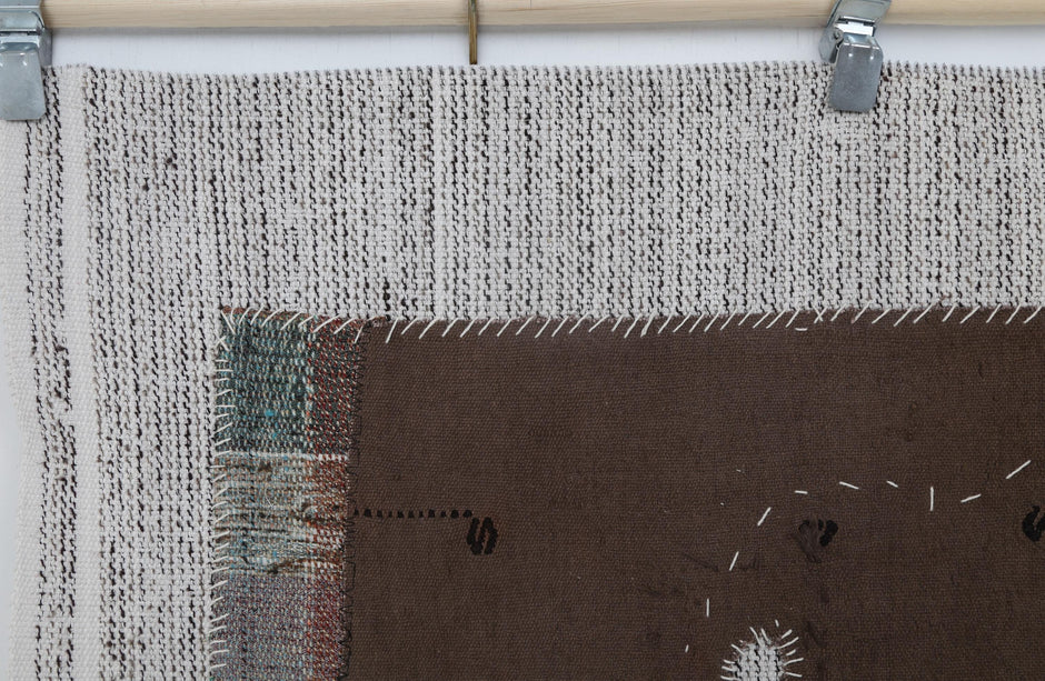 3x5 Vintage Turkish Tapestry Rug, Brown Tribal Wall Hanging, Handmade Wool Cotton Textile Art