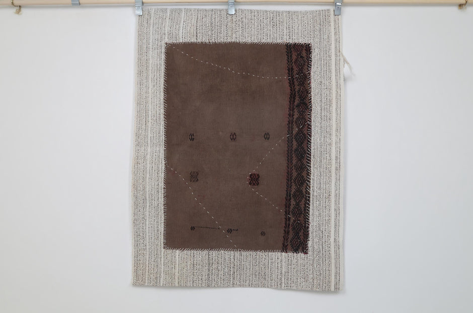 3x5 Vintage Turkish Tapestry Rug, Brown Tribal Textile Wall Hanging, Handmade Wool Cotton Fiber Art