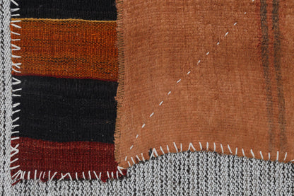 3x4 Vintage Turkish Tapestry Rug, Orange Hemp Wool Wall Hanging, Handmade Tribal Textile Art