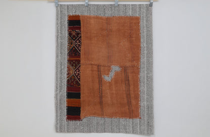 3x4 Vintage Turkish Tapestry Rug, Orange Hemp Wool Wall Hanging, Handmade Tribal Textile Art