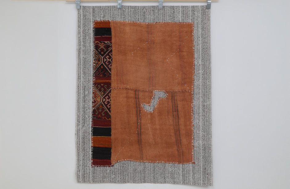 3x4 Vintage Turkish Tapestry Rug, Orange Hemp Wool Wall Hanging, Handmade Tribal Textile Art