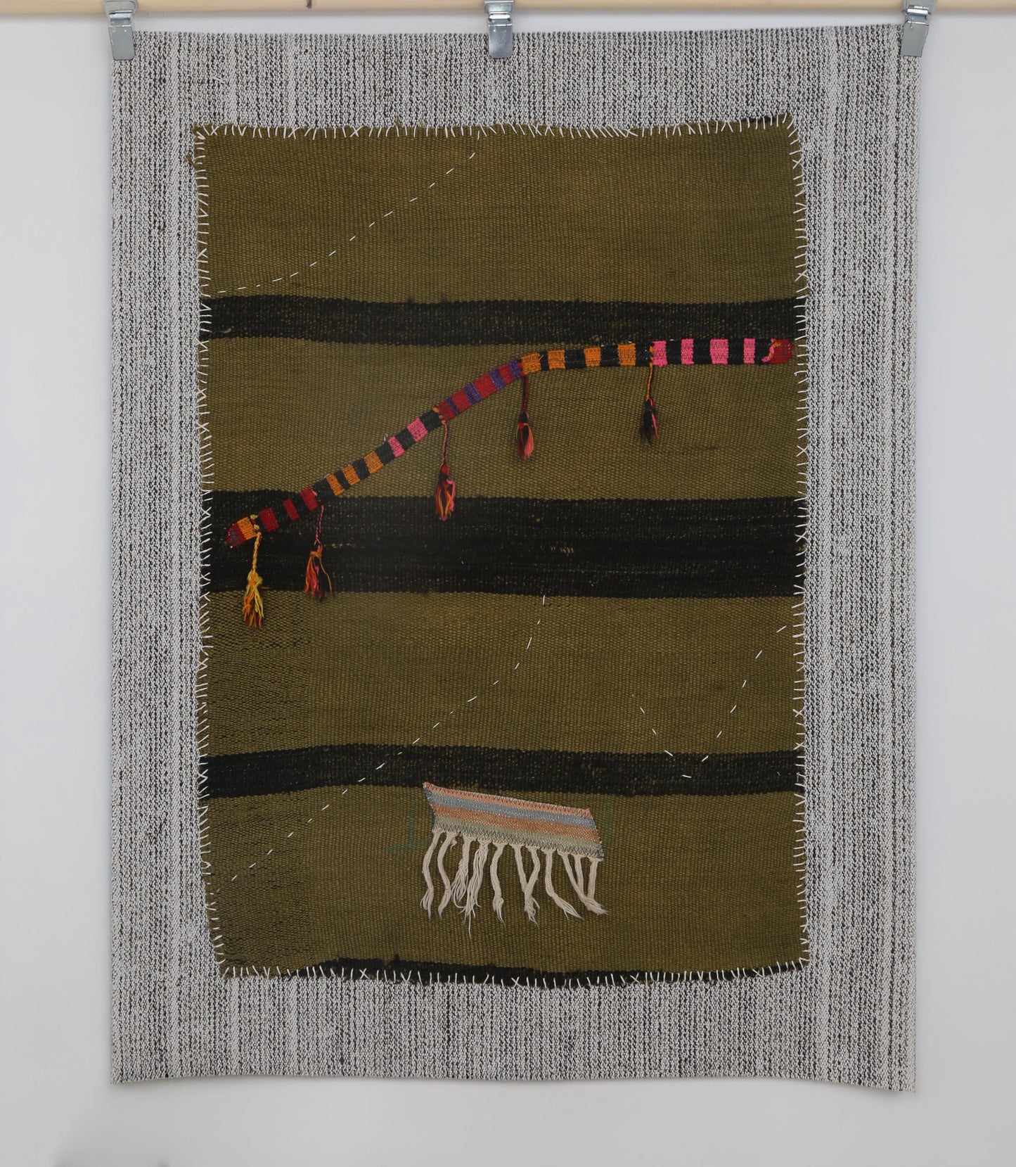 3x4 Vintage Turkish Tapestry Rug, Green Black Hemp Wool Wall Hanging, Handmade Minimal Textile Art