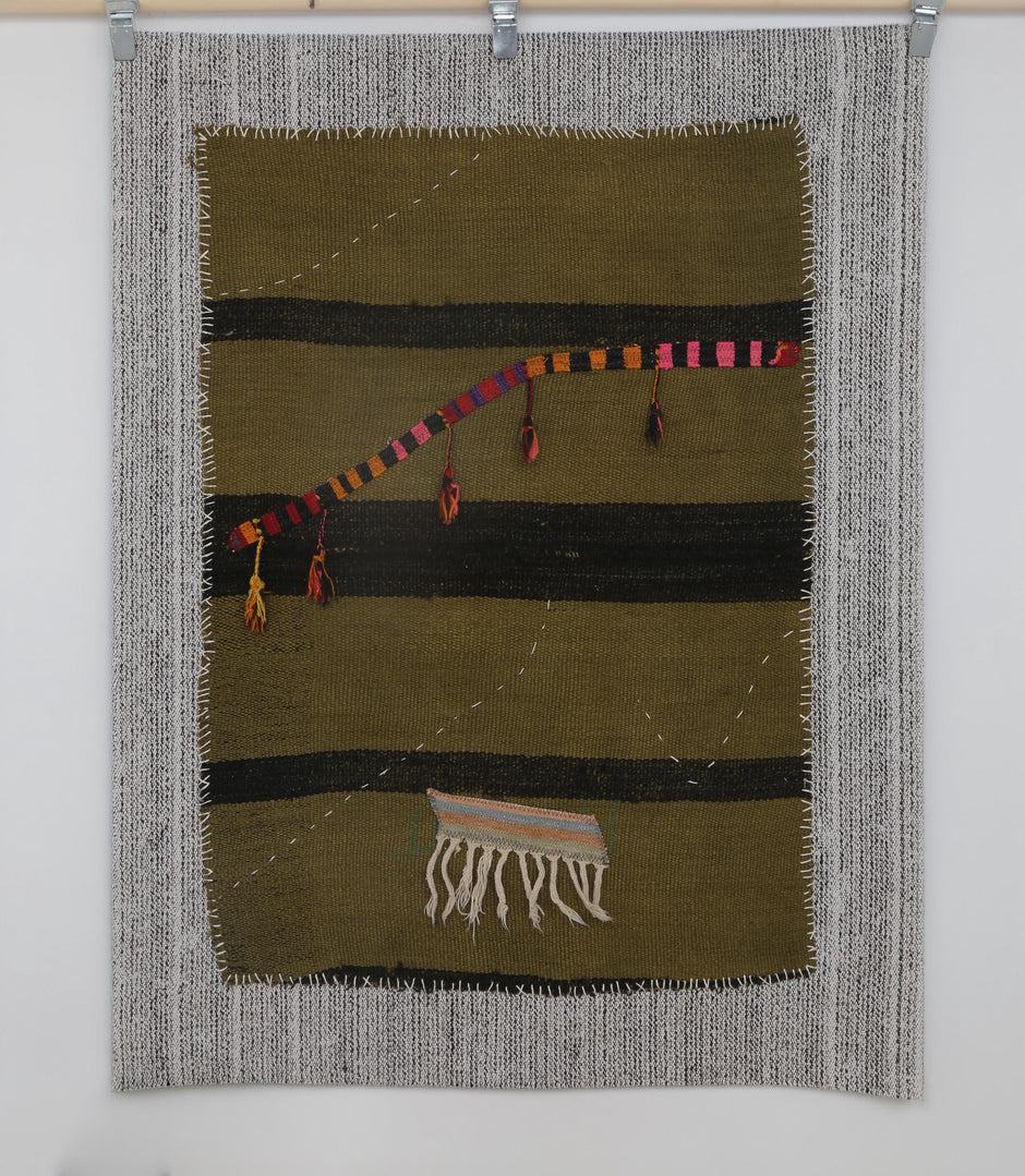 3x4 Vintage Turkish Tapestry Rug, Green Black Hemp Wool Wall Hanging, Handmade Minimal Textile Art