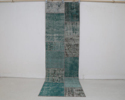 2x8 Vintage Patchwork Runner Rug, Green Turkish Hallway Rug, Handmade Wool Cotton Flatweave Runner