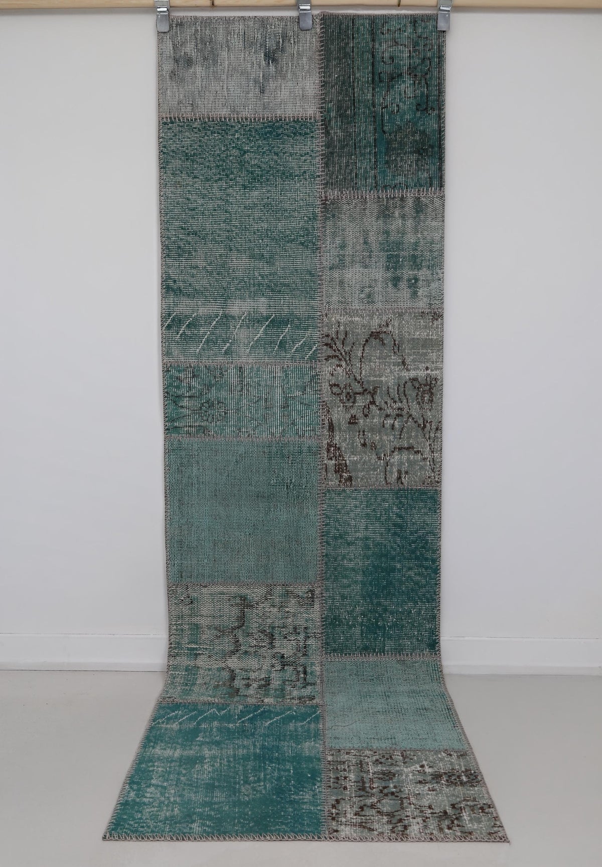 2x8 Vintage Patchwork Runner Rug, Green Turkish Hallway Rug, Handmade Wool Cotton Flatweave Runner