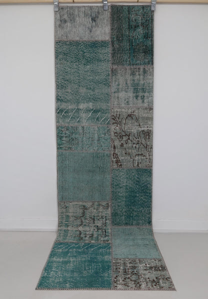 2x8 Vintage Patchwork Runner Rug, Green Turkish Hallway Rug, Handmade Wool Cotton Flatweave Runner