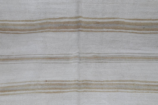 7x9 Vintage Hemp Rug, Beige White Striped Turkish Flatweave Rug, Handmade Natural Hemp Wool Area Rug