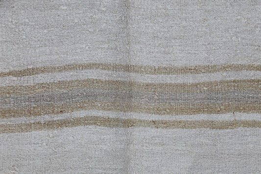 7x9 Vintage Hemp Rug, Beige White Striped Turkish Flatweave Rug, Handmade Natural Hemp Wool Area Rug