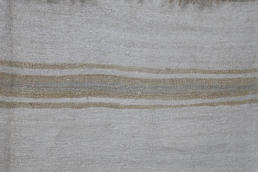 7x9 Vintage Hemp Rug, Beige White Striped Turkish Flatweave Rug, Handmade Natural Hemp Wool Area Rug