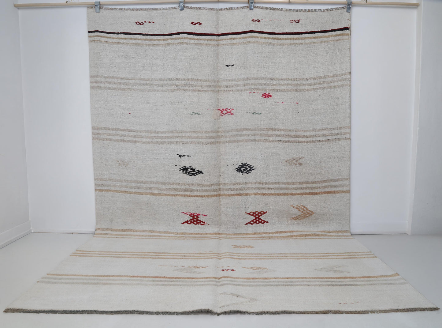7x10 Vintage Hemp Wool Rug, White Beige Turkish Flatweave Rug with Tribal Motifs, Handmade Neutral Area Rug