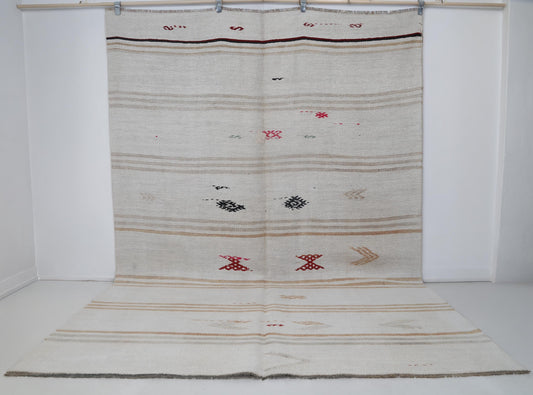 7x10 Vintage Hemp Wool Rug, White Beige Turkish Flatweave Rug with Tribal Motifs, Handmade Neutral Area Rug