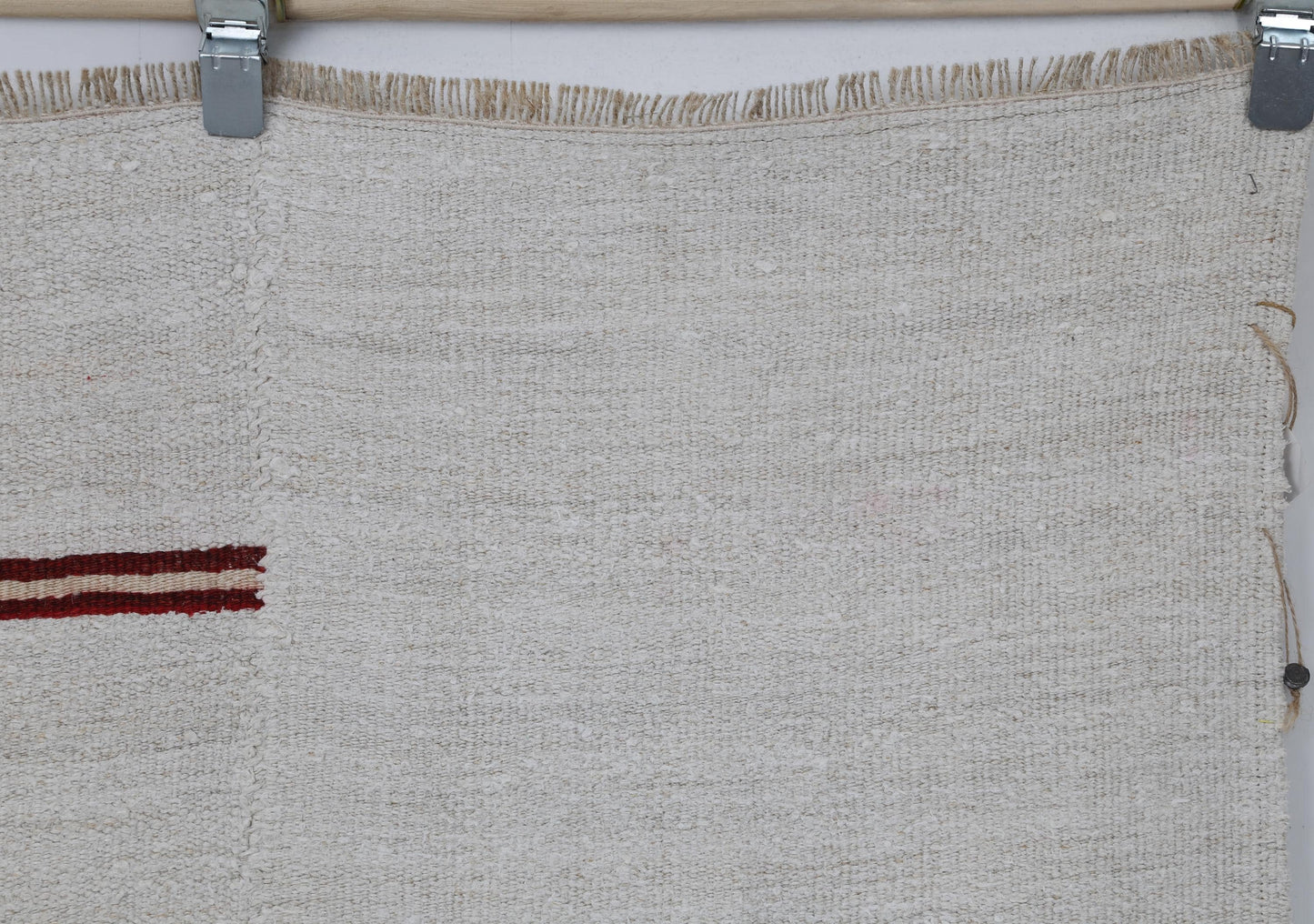 5x8 Vintage Hemp Wool Rug, Minimal White Turkish Flatweave Rug with Red Black Stripes, Handmade Neutral Area Rug