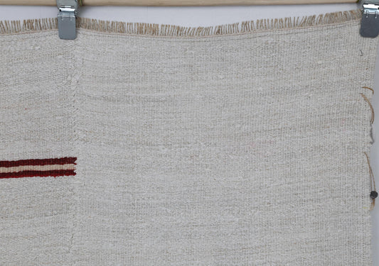 5x8 Vintage Hemp Wool Rug, Minimal White Turkish Flatweave Rug with Red Black Stripes, Handmade Neutral Area Rug