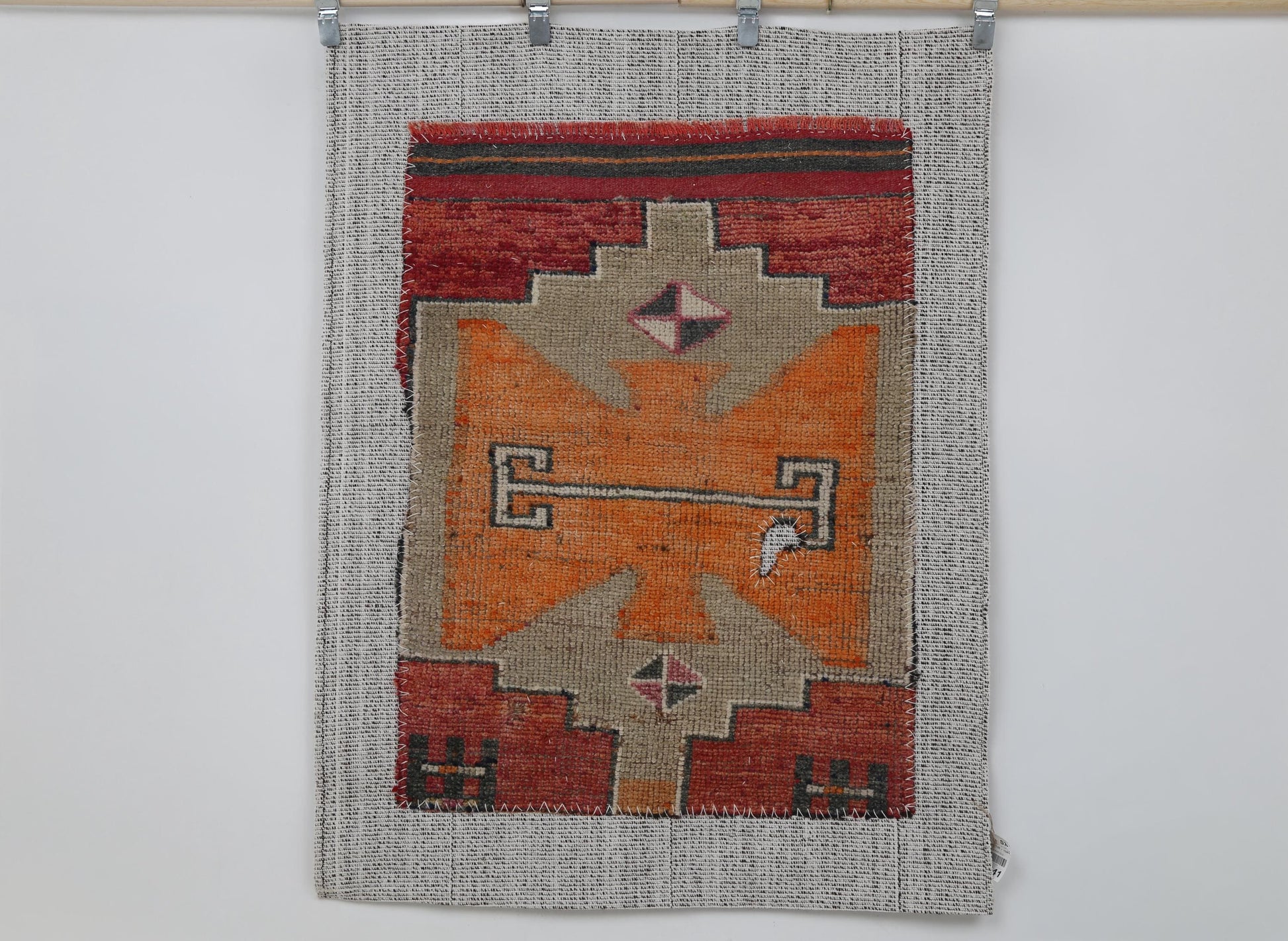 3x5 Vintage Turkish Tapestry Rug, Geometric Tribal Wall Hanging, Orange Red Wool Cotton Textile Art