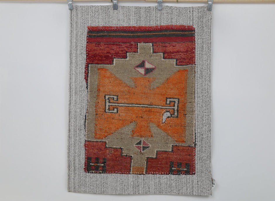 3x5 Vintage Turkish Tapestry Rug, Geometric Tribal Wall Hanging, Orange Red Wool Cotton Textile Art