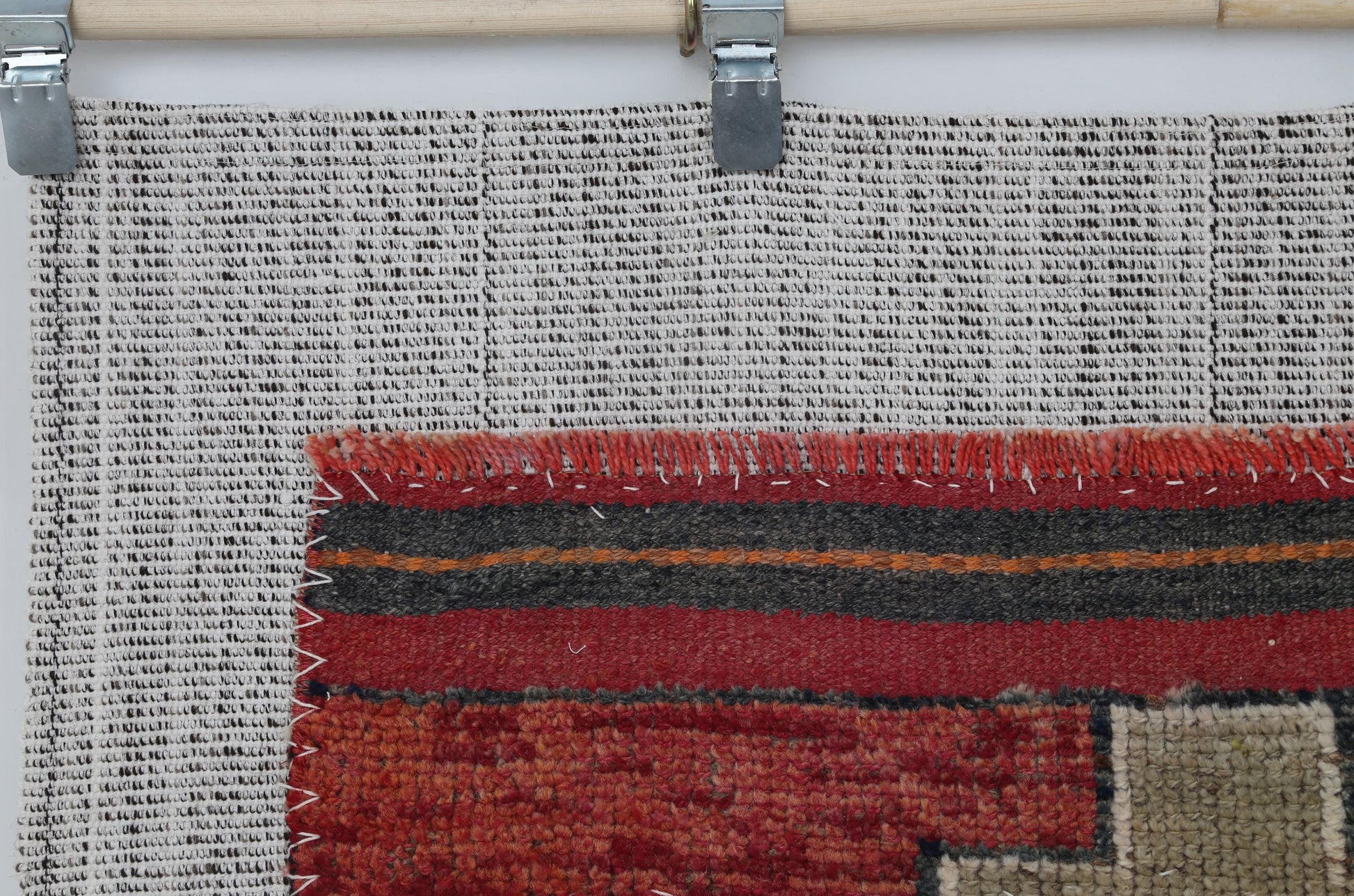 3x5 Vintage Turkish Tapestry Rug, Geometric Tribal Wall Hanging, Orange Red Wool Cotton Textile Art