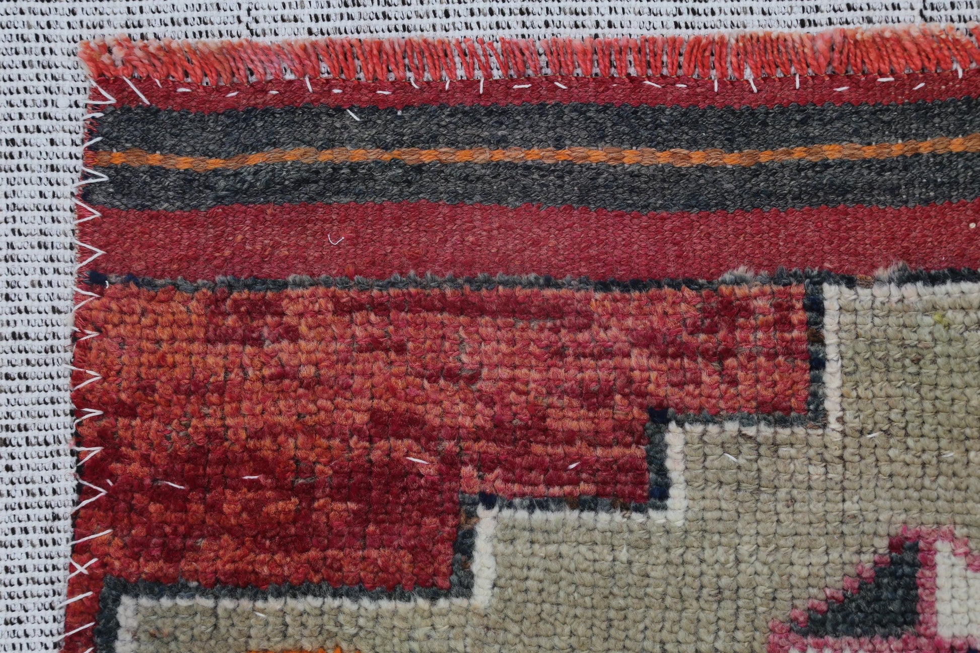 3x5 Vintage Turkish Tapestry Rug, Geometric Tribal Wall Hanging, Orange Red Wool Cotton Textile Art