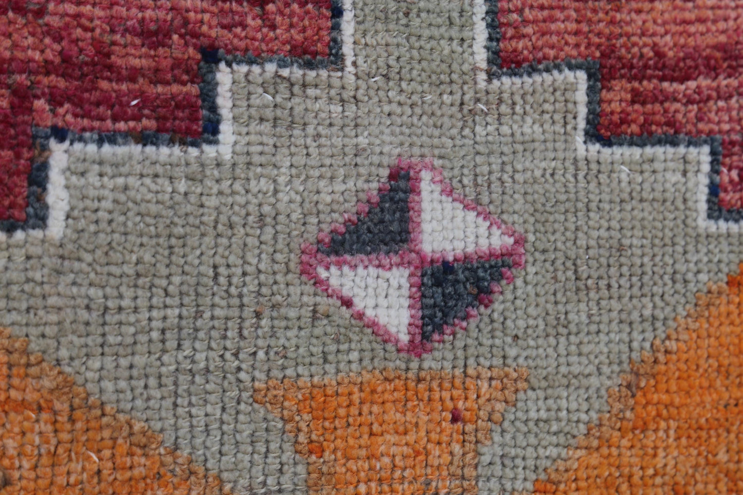 3x5 Vintage Turkish Tapestry Rug, Geometric Tribal Wall Hanging, Orange Red Wool Cotton Textile Art